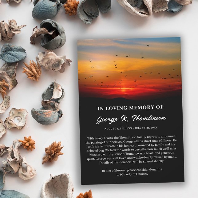 Flocket av fåglar vid soluppgång Dödsannonsering Meddelande (Skapare uppladdad)