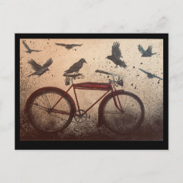 Flocket av kråkor på en vintage röd cykel vykort