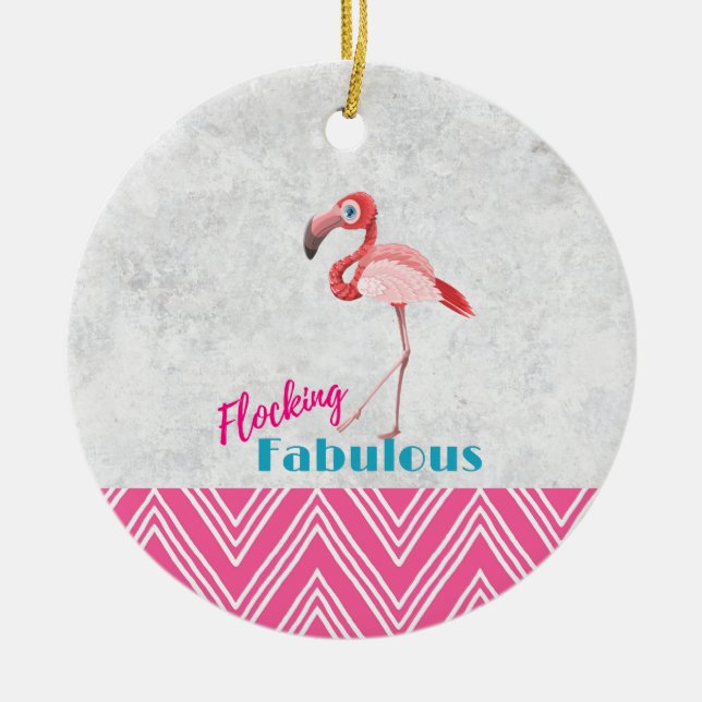 Flocking Fabulous Pun w/ Rosa Flamingo Julgransprydnad Keramik (Framsidan)