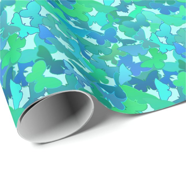 Flockor av fjärilar, turkos, Aqua och Himlar Blue Presentpapper (Rullad Hörn)