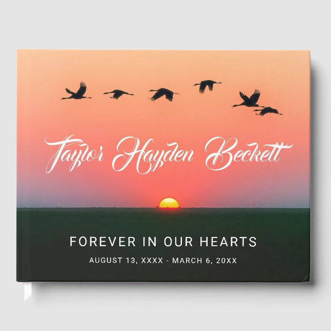Flocksling av fåglar vid soluppgång, minnesbegravn gästböcker (Framsida)