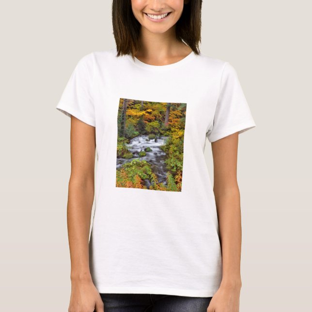 Flod genom skog, höst, Oregon Tee Shirt (Framsida)