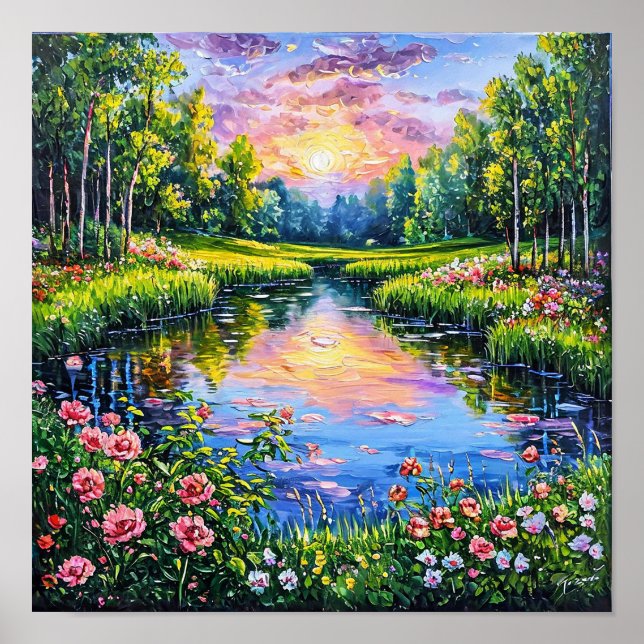 Flod med blommande blommor Landskaps konst Poster (Framsidan)
