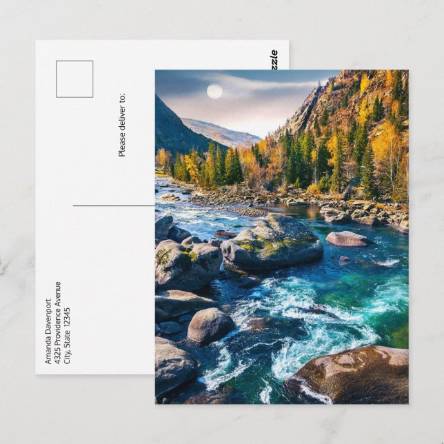 Flod- och bergsutsikt foto vykort (Fram/baksida)
