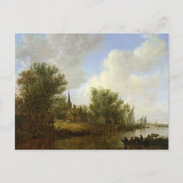 Flod-scen med en View of Overschie, 1651 Vykort (Framsida)