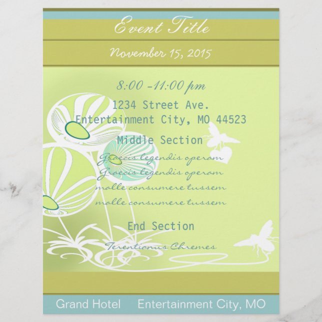 Flöde- och Bees-händelsen Flyer Garden Events (Framsidan)