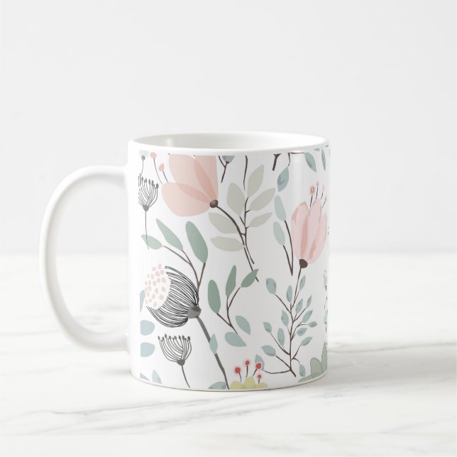 Flöde och löv mönster i tropiska gröntar och rosa kaffemugg (Vänster)