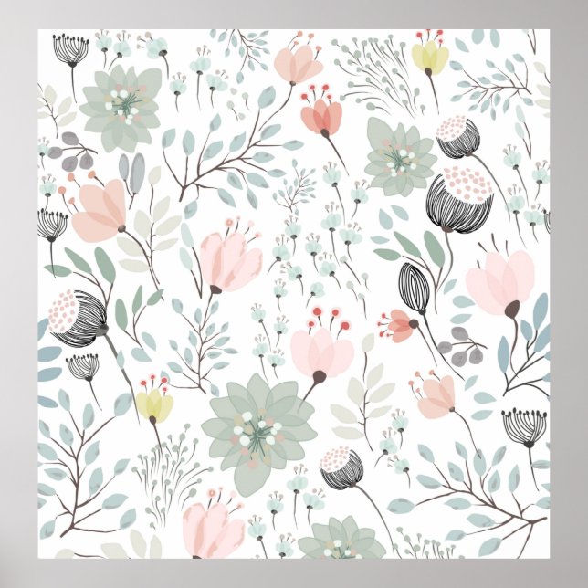 Flöde och löv mönster i tropiska gröntar och rosa poster (Framsidan)