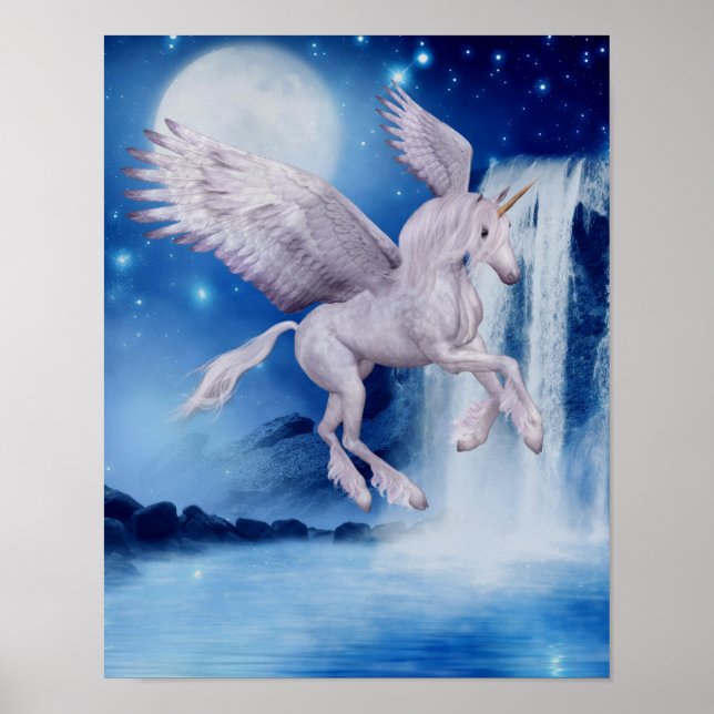 Flöde Unicorn Waterfall Fantasy Horse Art Poster (Framsidan)