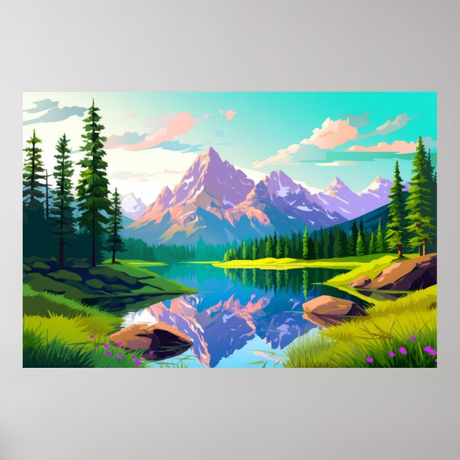 Floden Bergdalen Landskap Poster (Framsidan)