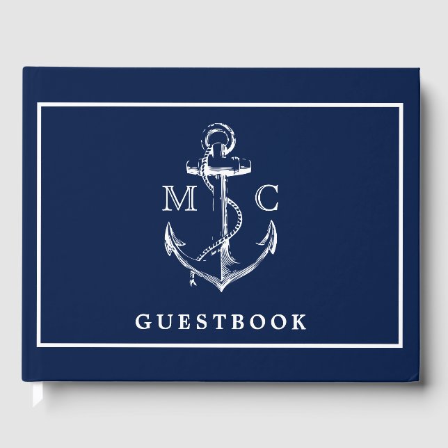 Floden Blue Nautical Anchor Monogram Bröllop Gästböcker (Framsida)