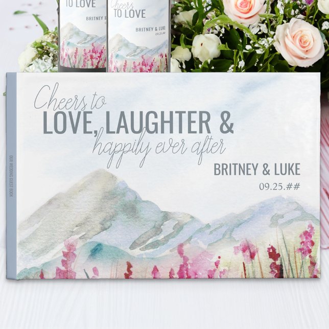 Floden Bröllop Watercolor Landcape Guest Bok (Cheers to Love Laughter & Happily Ever After wedding guest book from Mountain Meadow collection)