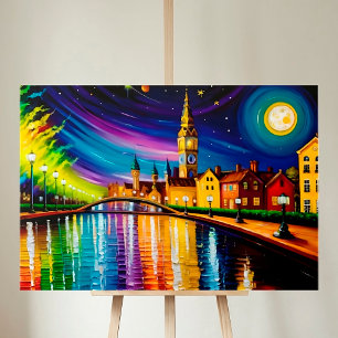 Floden Evening Vatten Colorful Måne Stars Canvastryck