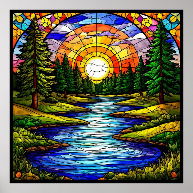 Floden i en skog vid Sunset Poster (Framsidan)