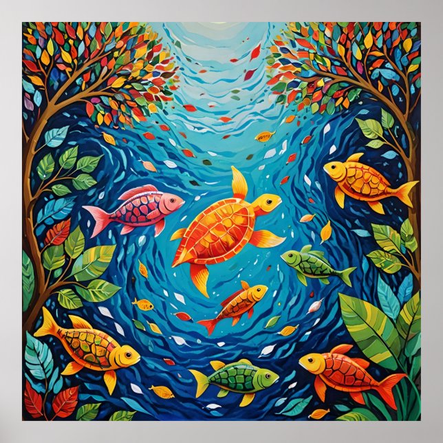 Floden Life - Gond Art med fisk, fåglar och Tur Poster (Framsidan)