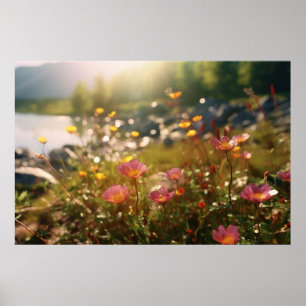 Floden med Rosa och Gula blommor Poster