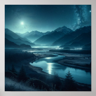 Floden Moonlit Mountain Under Stars Poster