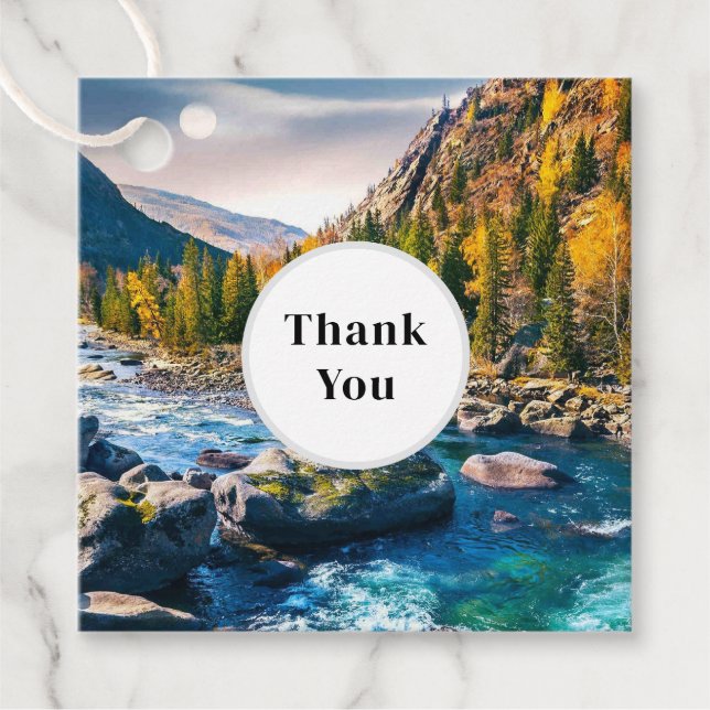 Floden och bergen Scenia Photo Tack Gåvor Etiketter (Framsida)