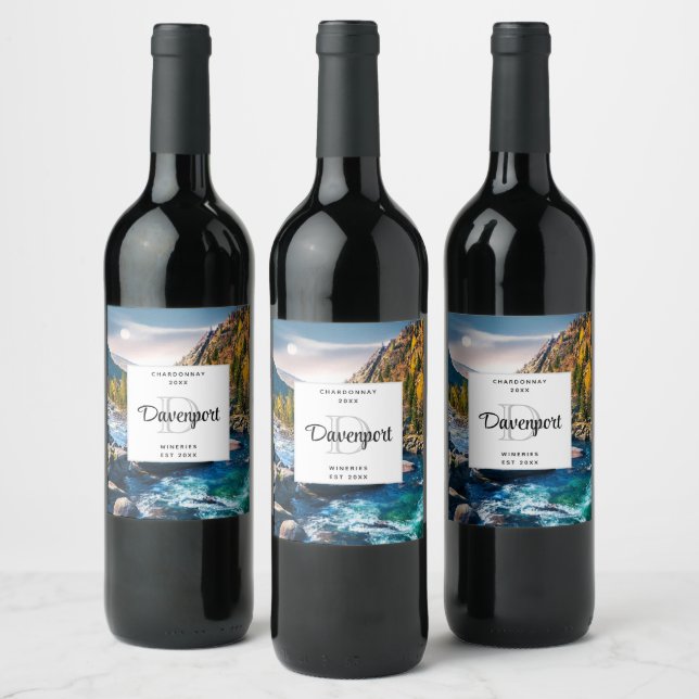Floden och bergsfoto Monogram Vin Skapar Vinflaska Etikett (Flaskor)