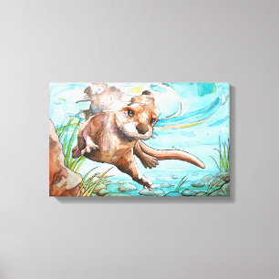 Floden Otter Watercolor Painting - Kanvastryck