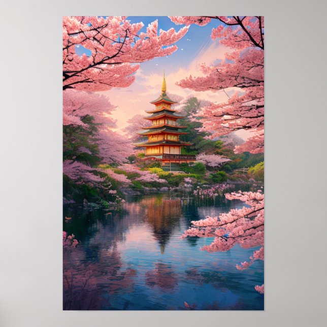 Floden, Pagoda och Cherry-Blommarna Poster (Framsidan)
