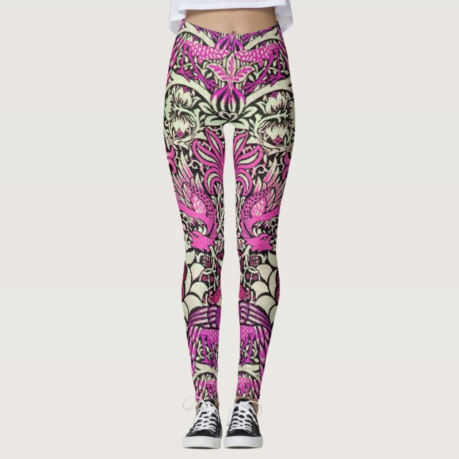 FLÖDEN,PEACOCKS,DRAGONS Rosa BLack White Fantasy Leggings (Framsida)