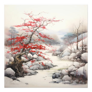 Floden Red Träd Bläck Painting Fototryck