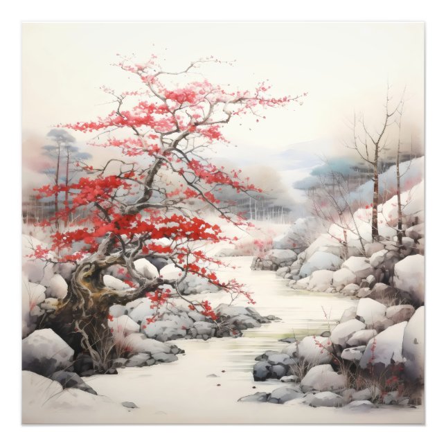 Floden Red Träd Bläck Painting Fototryck (Framsidan)