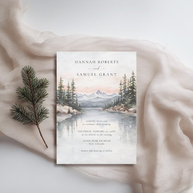 Floden Scene Rocky Ridge Romantic Bröllop Inbjudningar (mountains wedding invitation rustic outdoors rocky ridge river watercolor scene modern earthy)