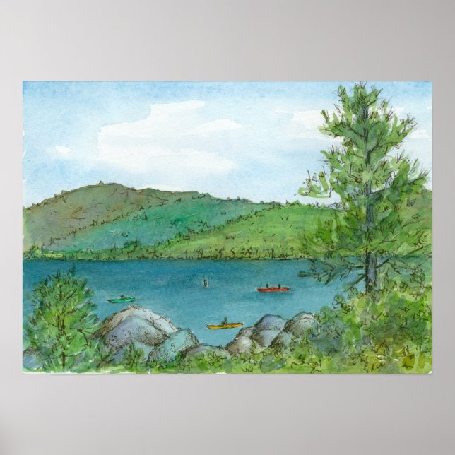 Floden Sjö Kayaking Watercolor Landcape Art Poster (Framsidan)