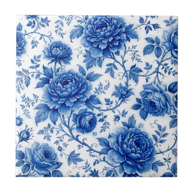 Flödesblå Blommor Rosor Peonier Koboltblå Vit Kakelplatta (Framsidan)