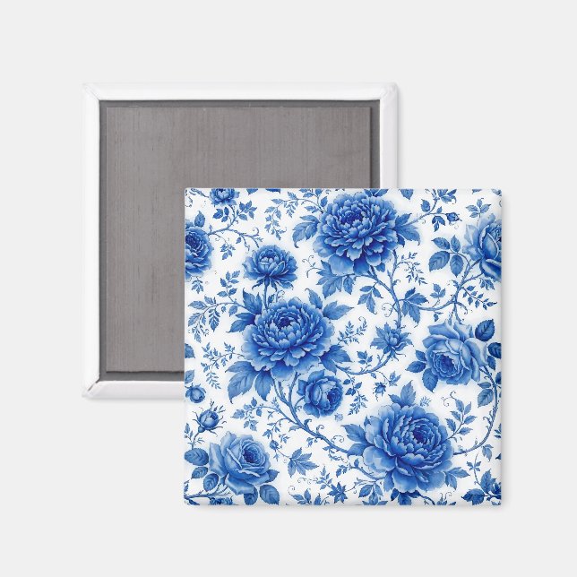 Flödesblå Blommor Rosor Peonier Koboltblå Vit Magnet (Front/Back)