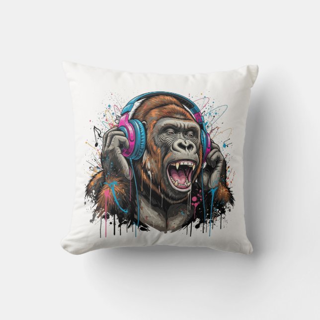 Flödesslag i bläck: Personlig Gorilla Headphone Kudde (Framsida)