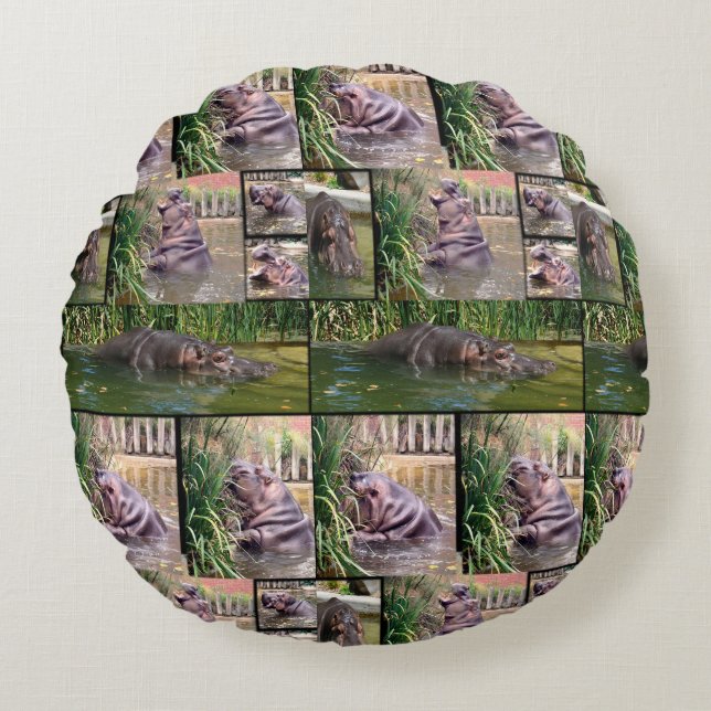 Flodhäst Foto Collage, Rund Kudde (Framsidan)