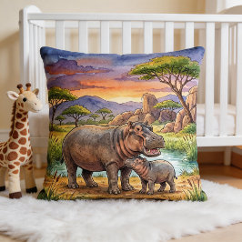 Flodhäst Mamma Och Kalv Safari Djur Kudde
