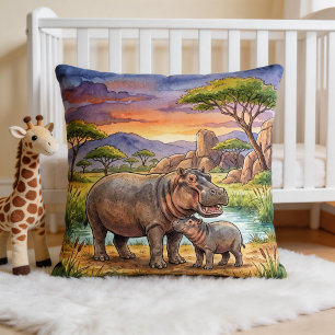 Flodhäst Mamma Och Kalv Safari Djur Kudde