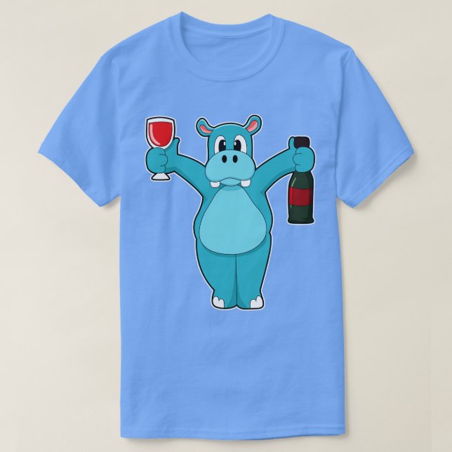 Flodhäst med glas vinflaska vin t shirt (Design framsida)