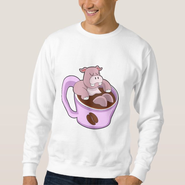 Flodhäst med kopp kaffe lång ärmad tröja (Framsida)