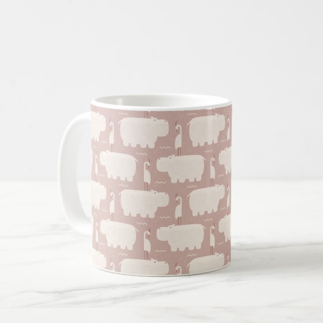 Flodhäst och fågel - rosa - barnkammare kaffemugg (Framsida vänster)