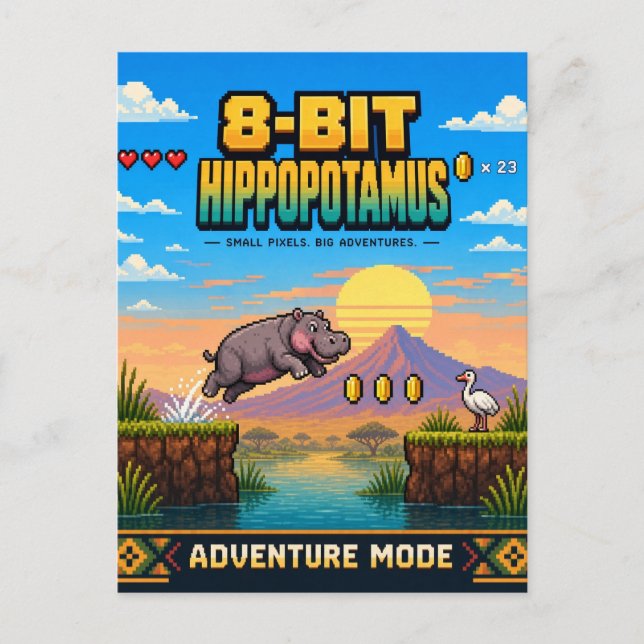 Flodhäst, Retro 8-Bit Pixel Art Vykort (Framsida)