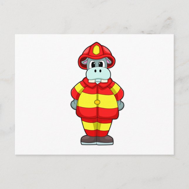 Flodhäst som brandman på brandstation med hatt vykort (Framsida)
