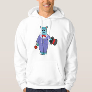 Flodhäst som brudgumme med kostym och ros hoodie