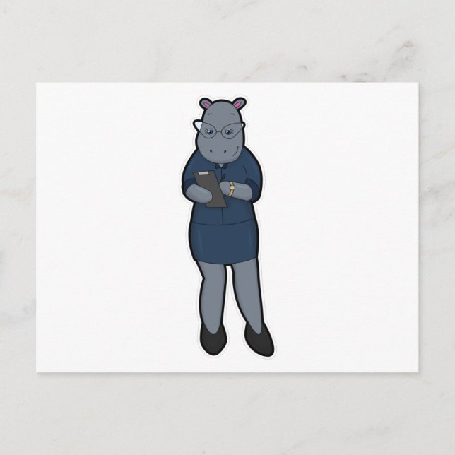 Flodhäst som sekreterare med anteckningsblock och  vykort (Framsida)