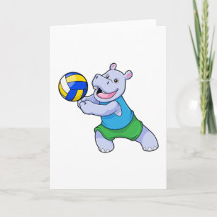 Flodhäst som volleybollspelare med volleyboll kort