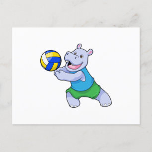 Flodhäst som volleybollspelare med volleyboll vykort