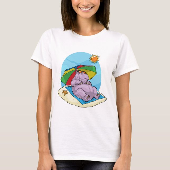 Flodhäst Strand Parasoll Sommar T Shirt (Framsida)