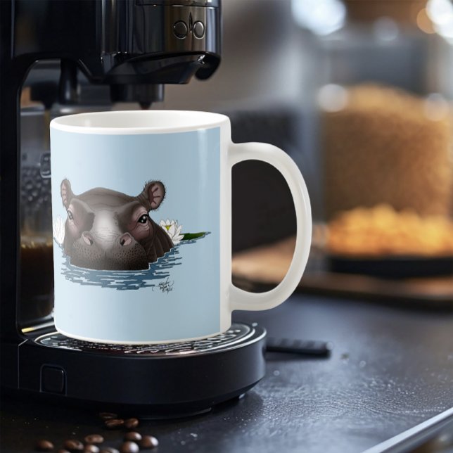 Flodhäst Vit Lotus Blå Kaffemugg (Skapare uppladdad)