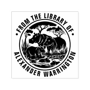 Flodhästar Hippos vid Vatten Bibliotek Bok Namn Självfärgande Stämpel