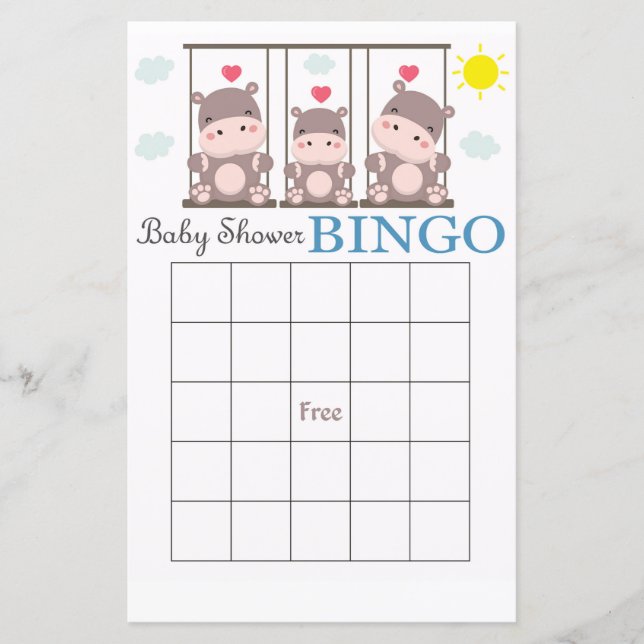 Flodhästs baby shower bingo-kort (Framsida)