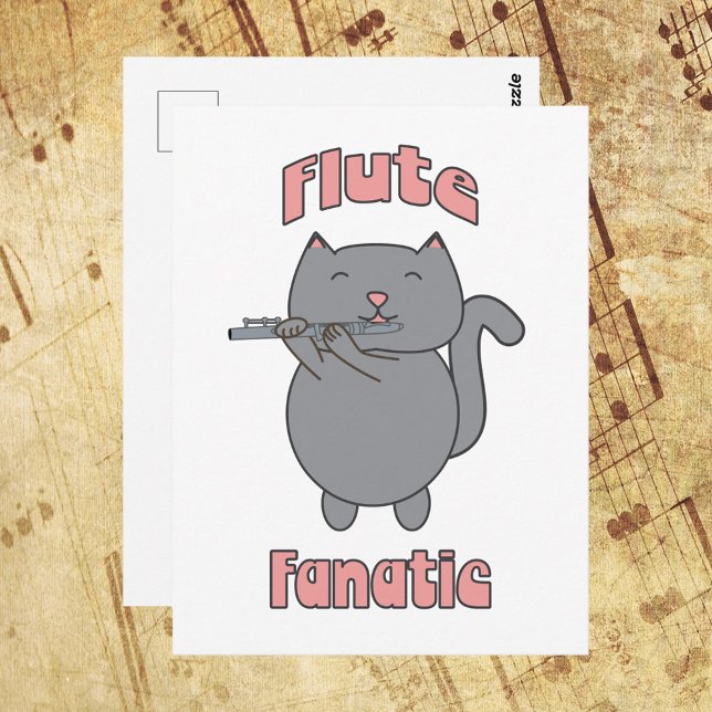 Flöjt Fanatiker Grå Katt Rosa  Vykort (A postcard featuring a gray cat playing the flute with the words Flute Fanatic in pink.)